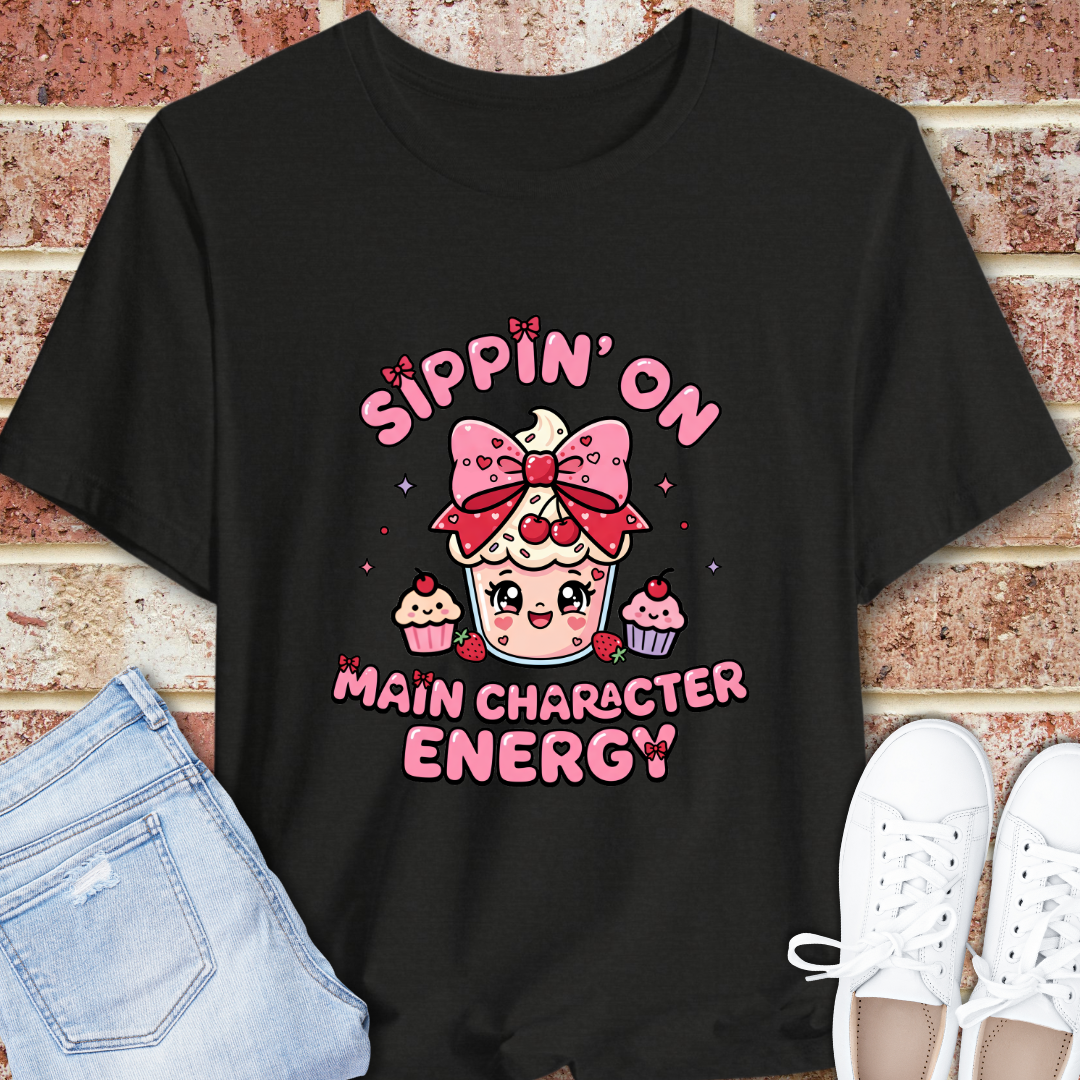 Sweet Treat Tee — “Sippin' On Main Character Energy” Cute Kawaii Graphic T-Shirt