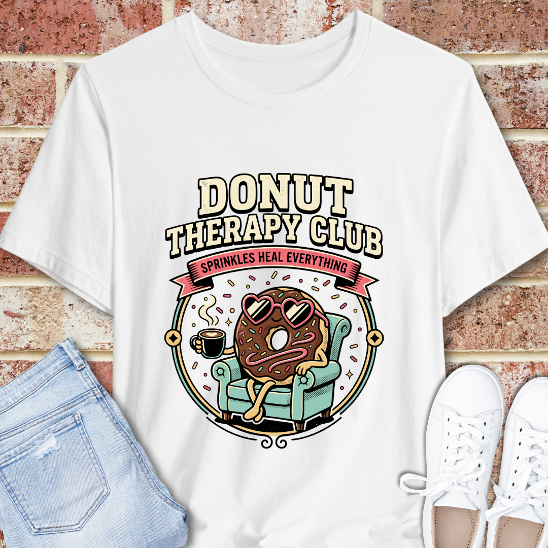 Donut Therapy Club T‑Shirt — Sprinkles Heal Everything Retro Dessert Tee, Funny Donut Tee, Emotional Support Shirt