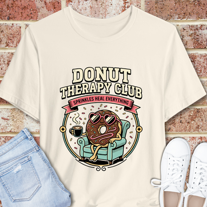 Donut Therapy Club T‑Shirt — Sprinkles Heal Everything Retro Dessert Tee, Funny Donut Tee, Emotional Support Shirt