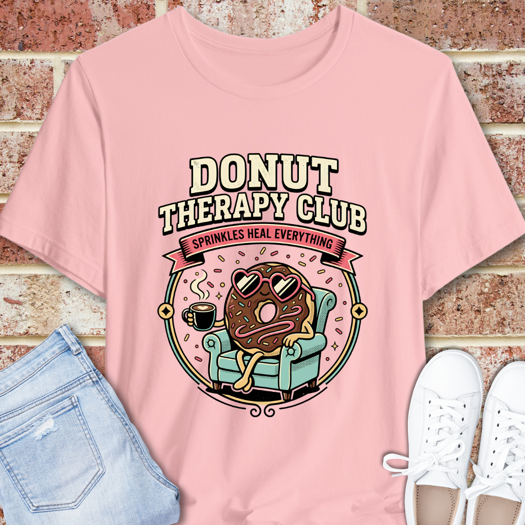 Donut Therapy Club T‑Shirt — Sprinkles Heal Everything Retro Dessert Tee, Funny Donut Tee, Emotional Support Shirt