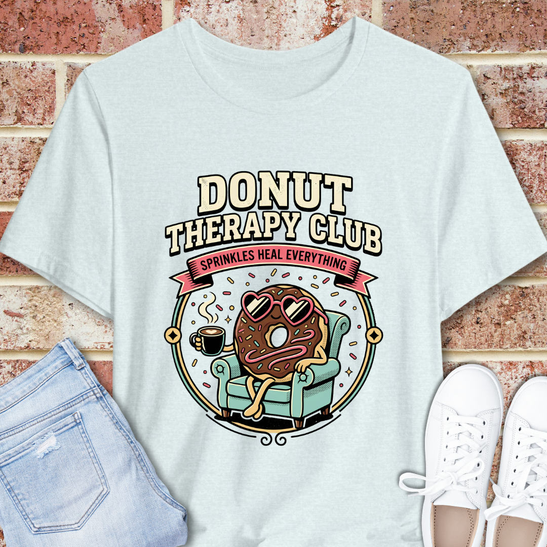 Donut Therapy Club T‑Shirt — Sprinkles Heal Everything Retro Dessert Tee, Funny Donut Tee, Emotional Support Shirt