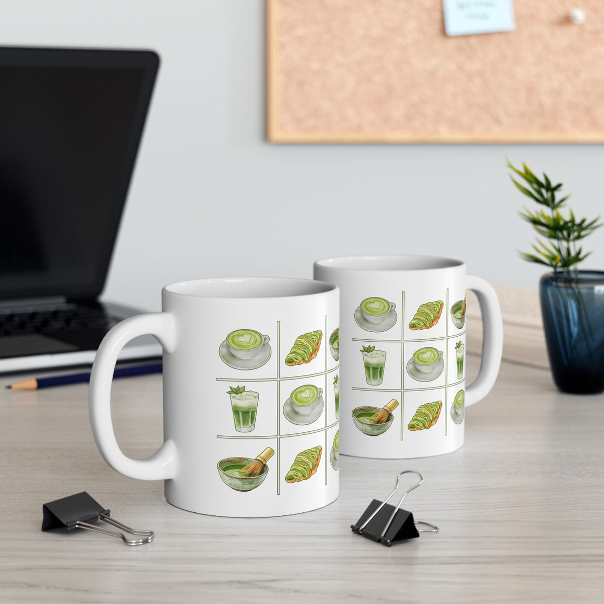 White ceramic mug with a matcha tic-tac-toe design of green lattes, matcha croissants, iced matcha, and whisked matcha bowls, view of both sides