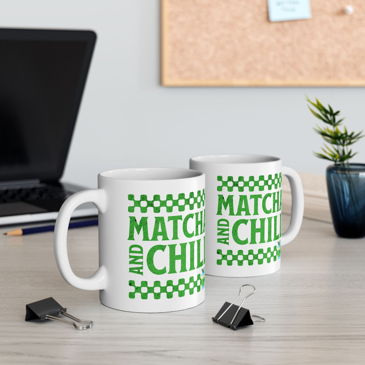 View of both sides of a white ceramic matcha mug with a checkered border above and below the text “Matcha and Chill" 