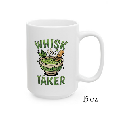 Close-up of Whisk Taker mug design with matcha bowl and bamboo whisk