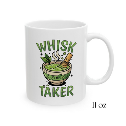 Close-up of Whisk Taker mug design with matcha bowl and bamboo whisk