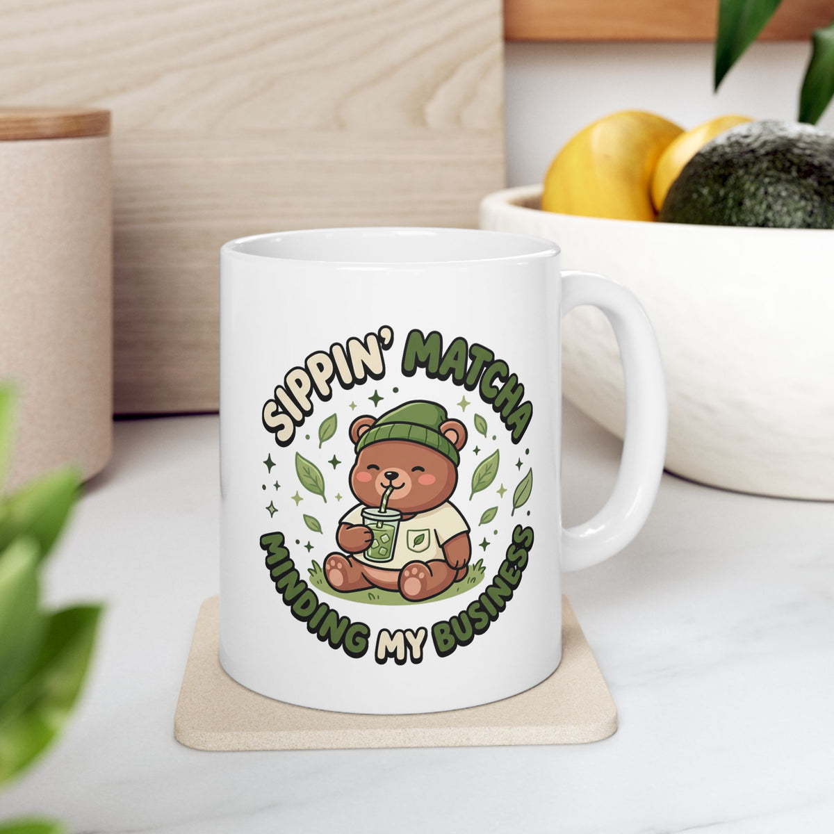 Sippin' Matcha Minding My Business Mug | Cute Kawaii Bear Matcha Coffee Mug | Ceramic Matcha Teacup (11oz, 15oz)