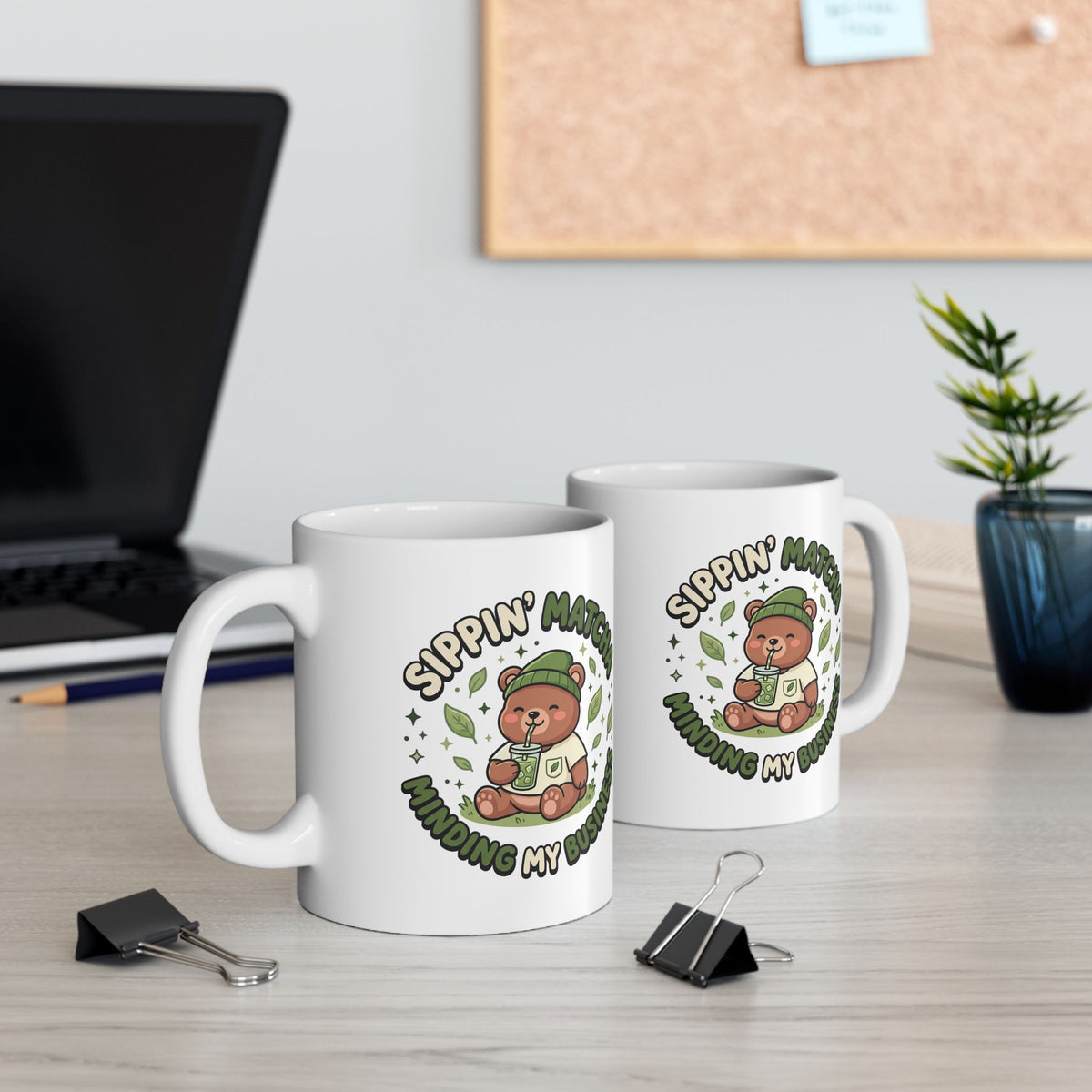 Sippin' Matcha Minding My Business Mug | Cute Kawaii Bear Matcha Coffee Mug | Ceramic Matcha Teacup (11oz, 15oz)