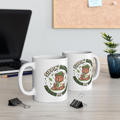 Sippin' Matcha Minding My Business Mug | Cute Kawaii Bear Matcha Coffee Mug | Ceramic Matcha Teacup (11oz, 15oz)