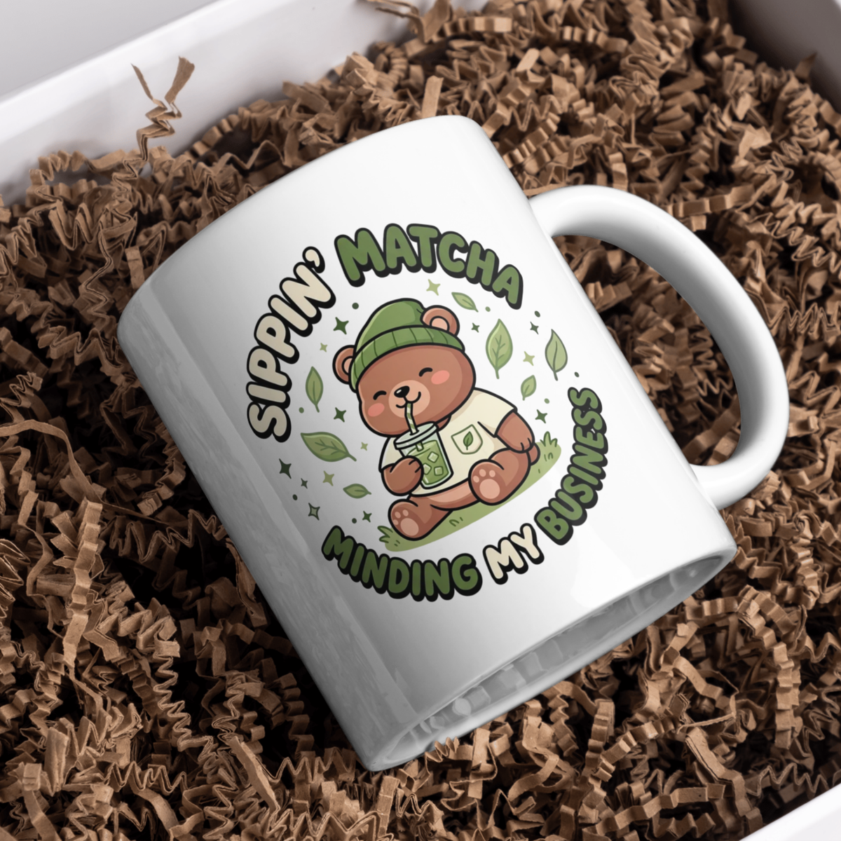 Sippin' Matcha Minding My Business Mug | Cute Kawaii Bear Matcha Coffee Mug | Ceramic Matcha Teacup (11oz, 15oz)