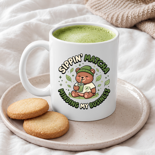 Sippin' Matcha Minding My Business Mug | Cute Kawaii Bear Matcha Coffee Mug | Ceramic Matcha Teacup (11oz, 15oz)